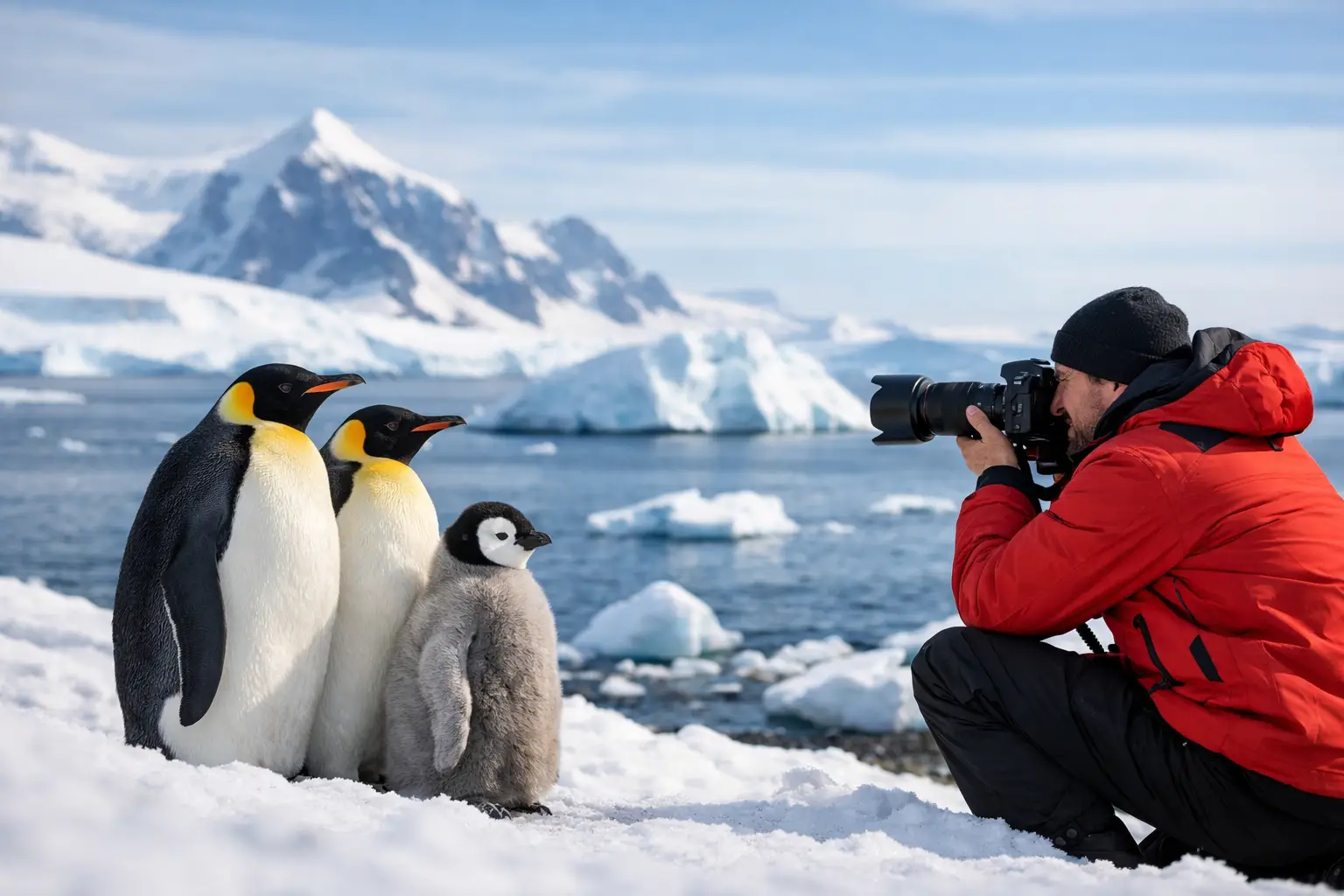 Fotografia de pinguins na Antártica em foco