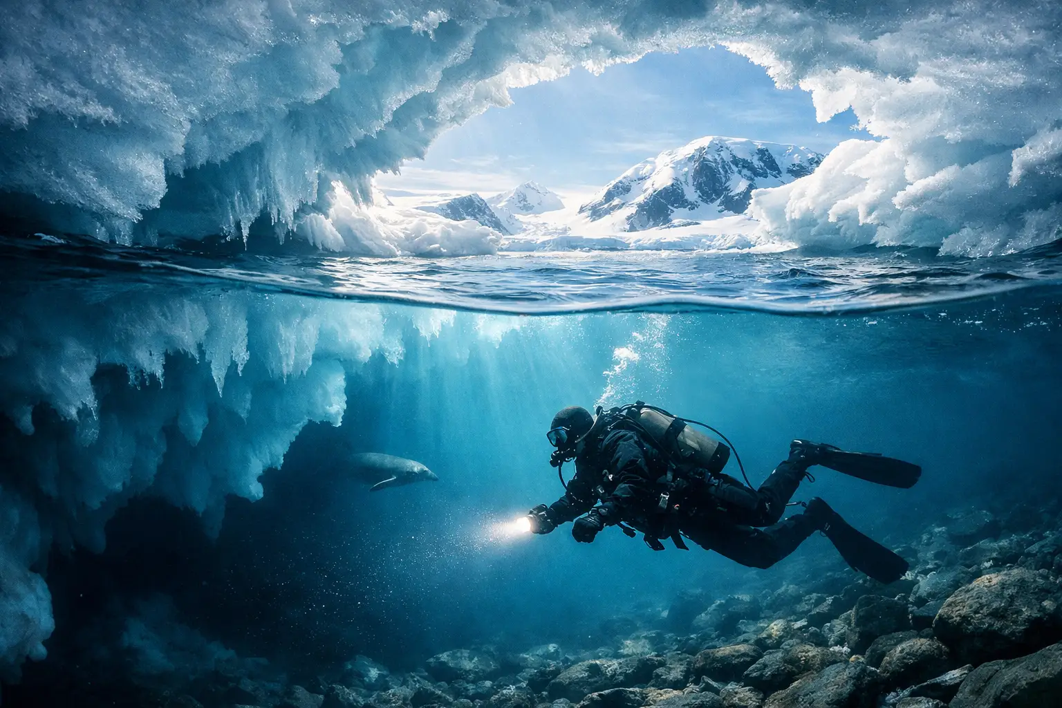 Mergulho polar na Antártica sob o gelo